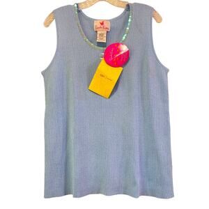Quacker Factory Iridescent Sequin Neck Ribbed Sweater Tank Top Sz L Sky Blue NEW